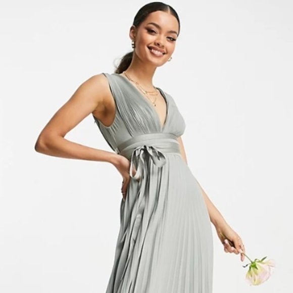 ASOS DESIGN Petite Bridesmaid pleated olive cami maxi dress & satin wrap waist - - Picture 1 of 7